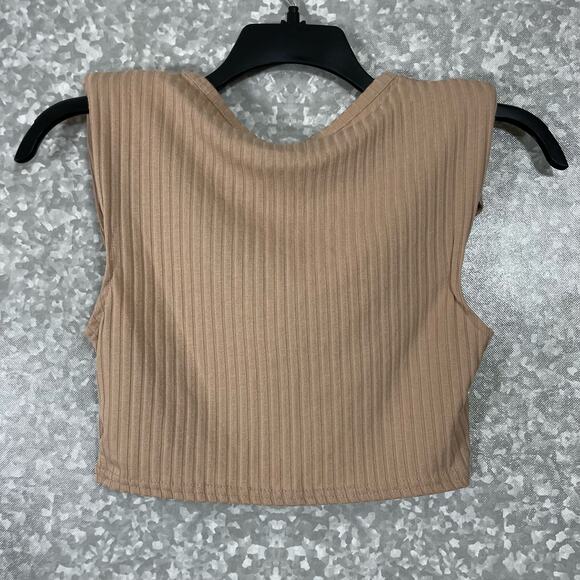 Nasty Gal NWT Taupe Ribbed Padded Shoulders Crop Top - Size Small - Sleeveless - Picture 7 of 7